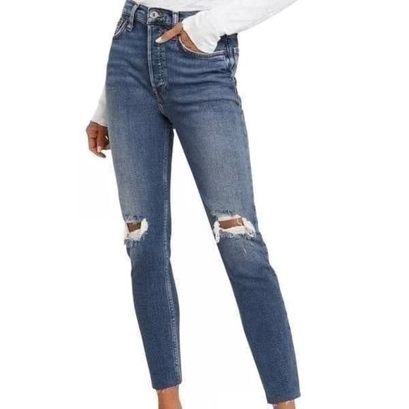 Re/Done 90s High Rise Ankle Crop Jeans Blue Dusty Destroy Size 24 - Picture 1 of 9